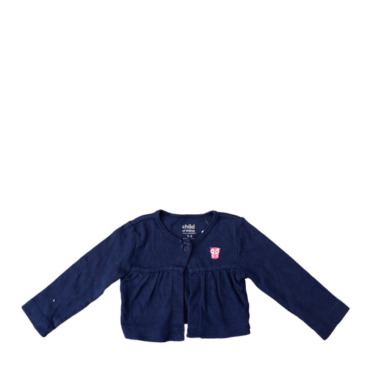 Cardigan froncé bleu marine avec hibou brodé –3-6M